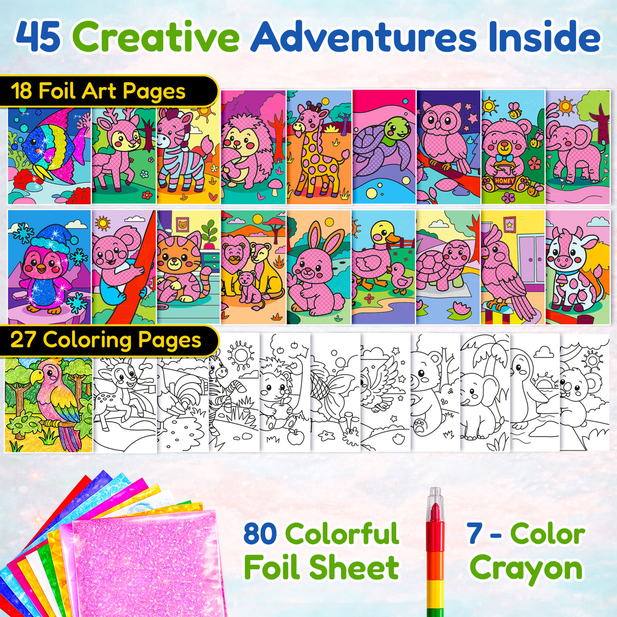 Foil Art Crafts Activity Book with Coloring Pages for Kids Animals
