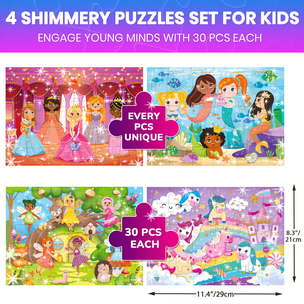 4x30 Pcs Puzzles with Glitter Effect for Kids - Meadow Girls