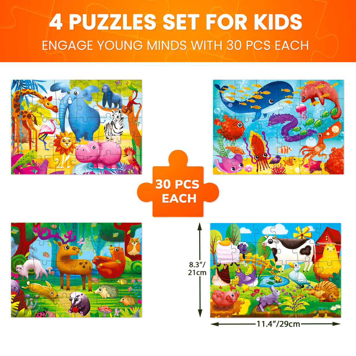 30 Piece Puzzles for Kids | Forest, Ocean & Africa Animals
