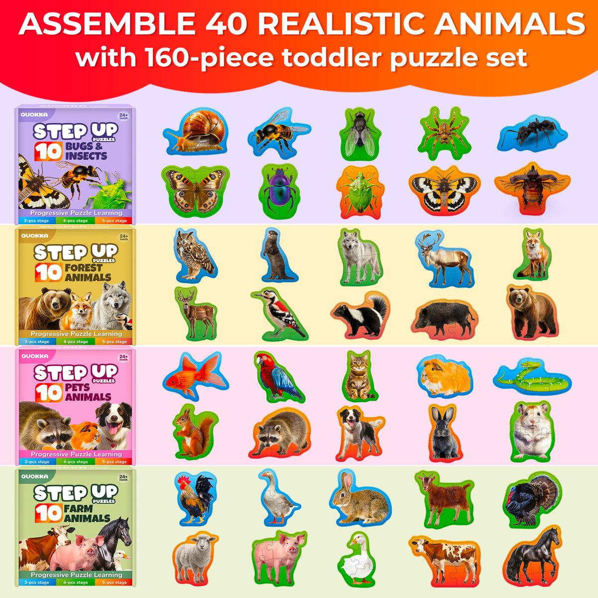 Step Up Puzzles 4 Set – 40 Animal Puzzles for Toddlers 2-4