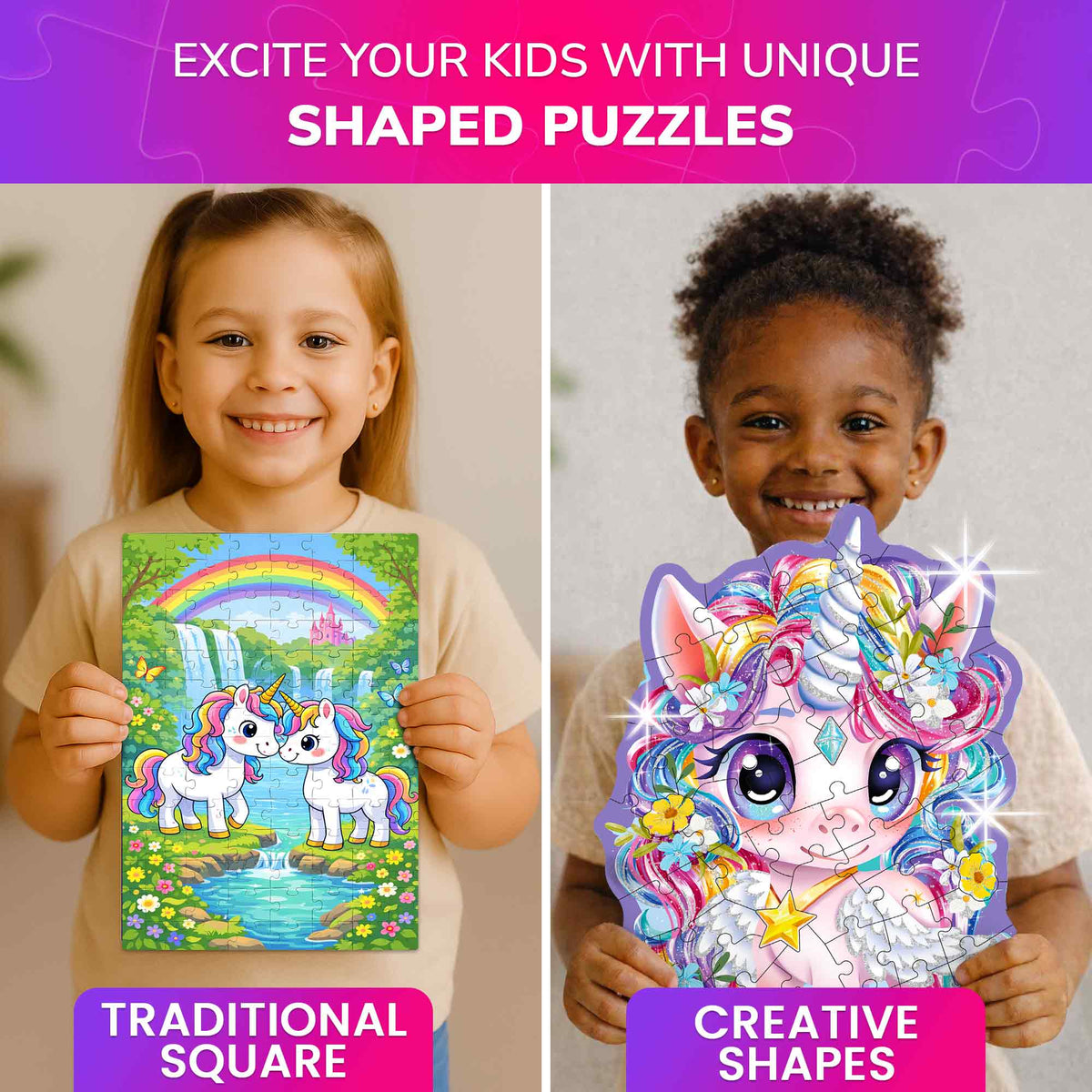 4x48 Pcs Shaped Puzzles with Glitter Effect - Princess, Unicorn