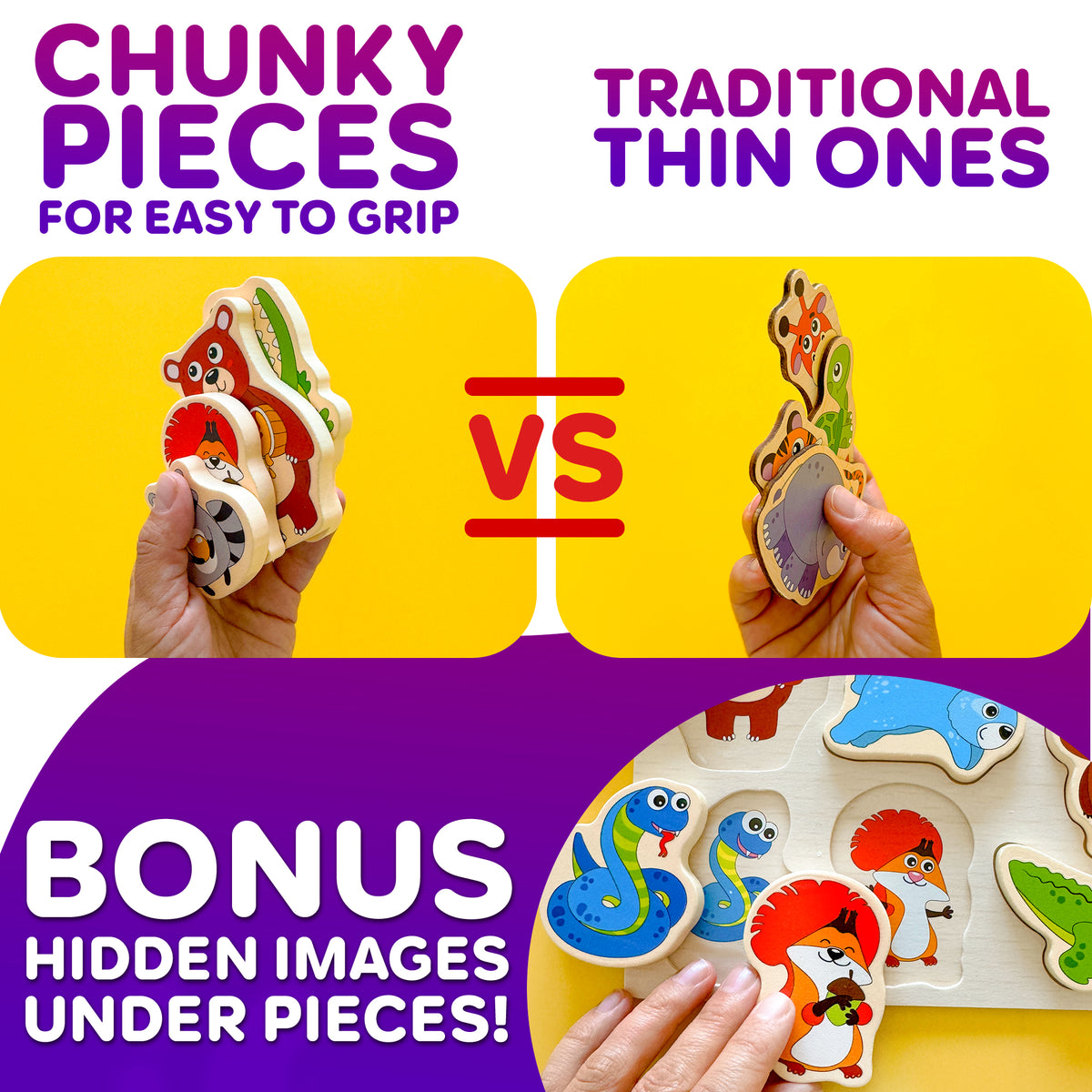 3 Set Chunky Wooden Puzzles for Toddlers | Toys with Animals