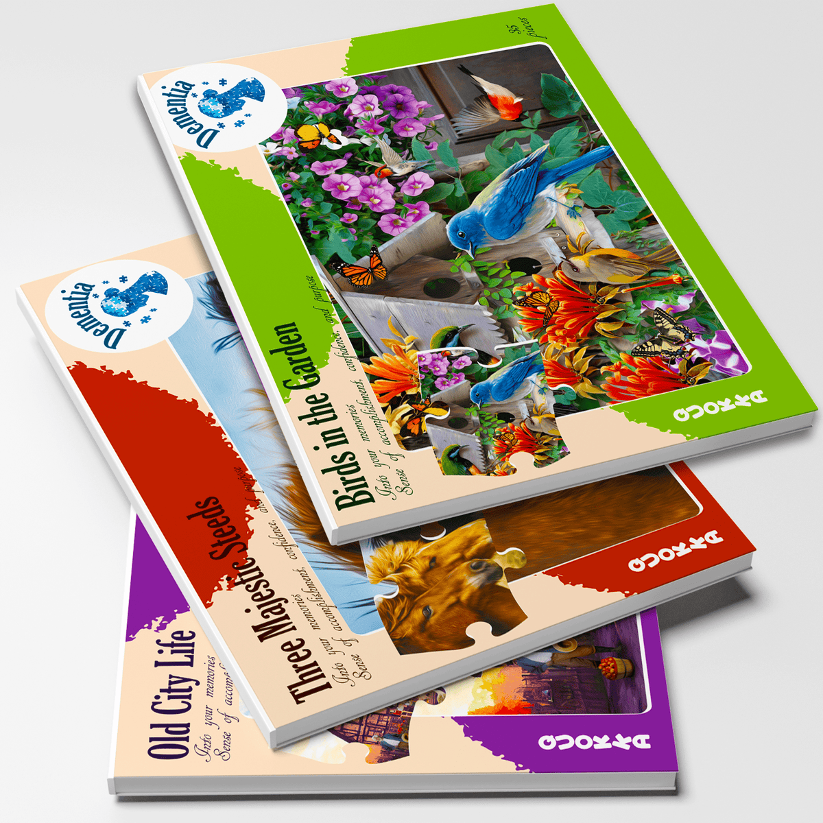 35 Piece Dementia Puzzles for Elderly | 3 Alzheimers Jigsaw Puzzle Games for Adults with Birds Steeds and Old City