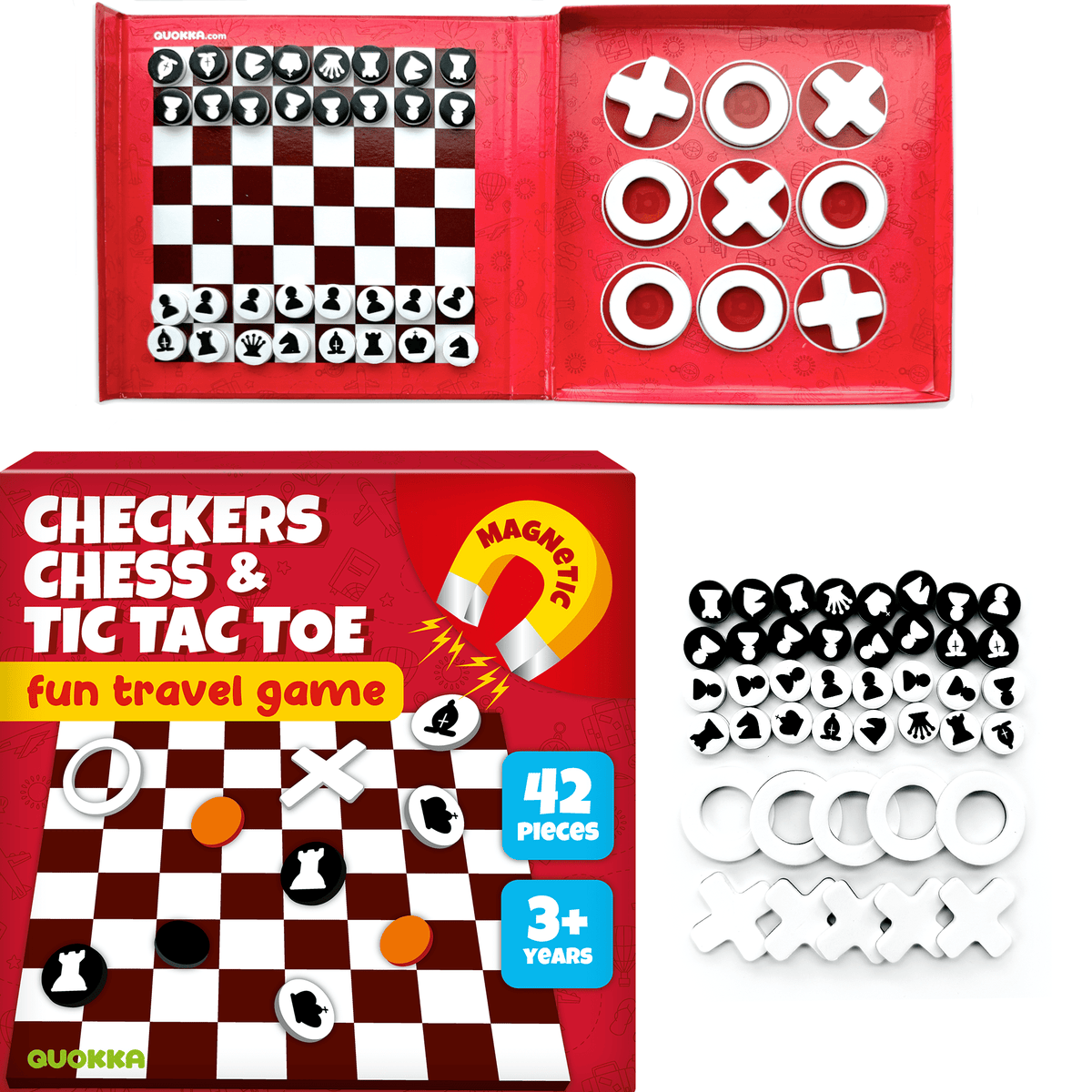 QUOKKA 3 in 1 Chess Checkers Tic Tac Toe