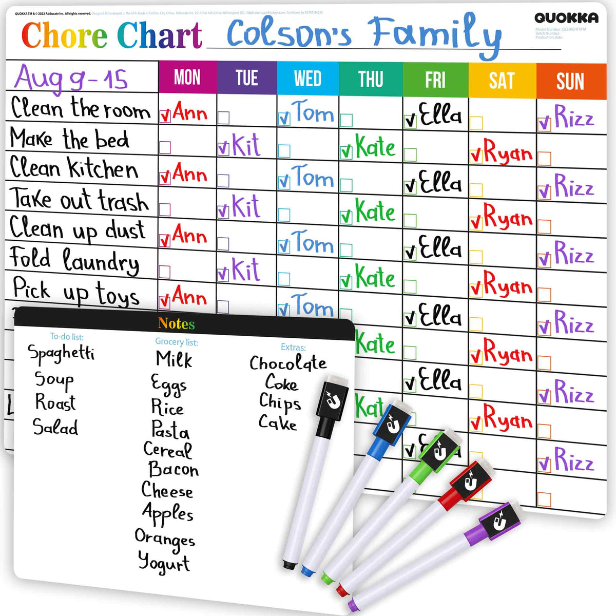 Weekly Magnetic Chore Chart for Kids at Home with Markers