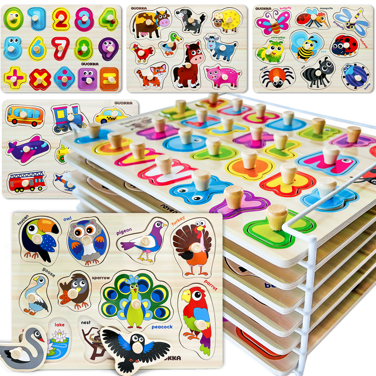 QUOKKA Wooden Puzzles for Toddlers 1-3 Alphabet, Numbers and Animals