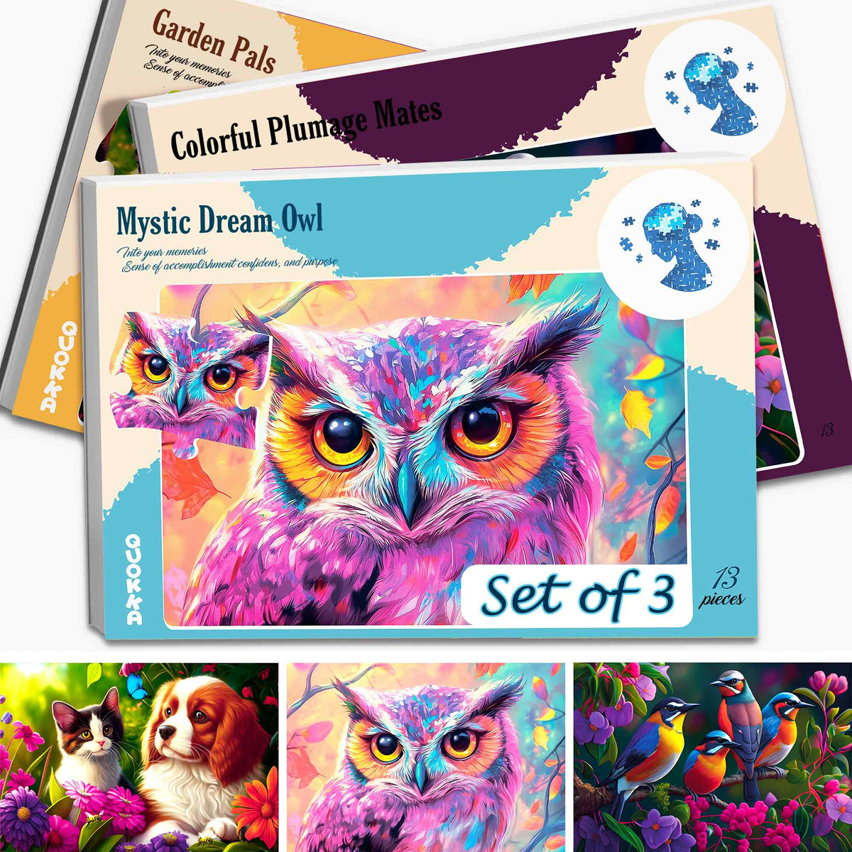 13 Pcs Dementia Puzzles for Elderly | 3 Alzheimers with Birds, Cats