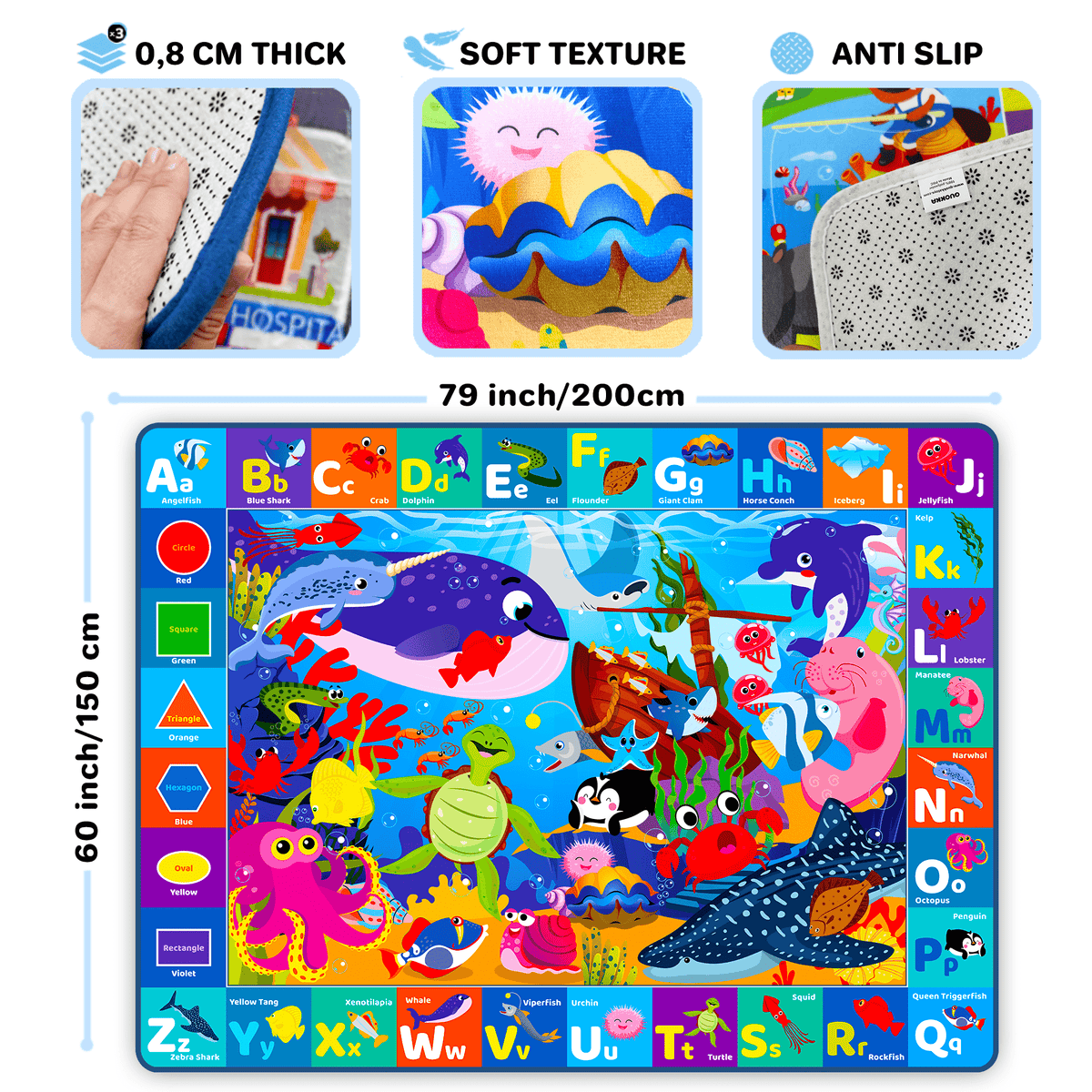 QUOKKA Large Baby Play Mat for Floor | Ocean ABC Rug for Kids Toddlers 