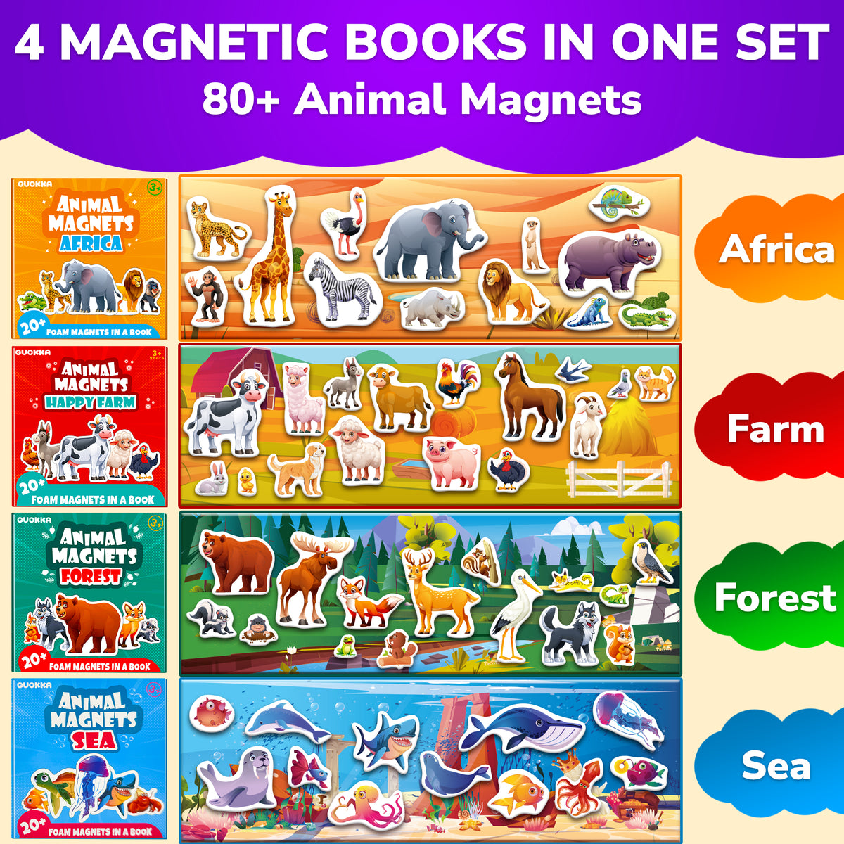 4 Set Travel Magnetic Book 80+Pcs for Kids with Animals