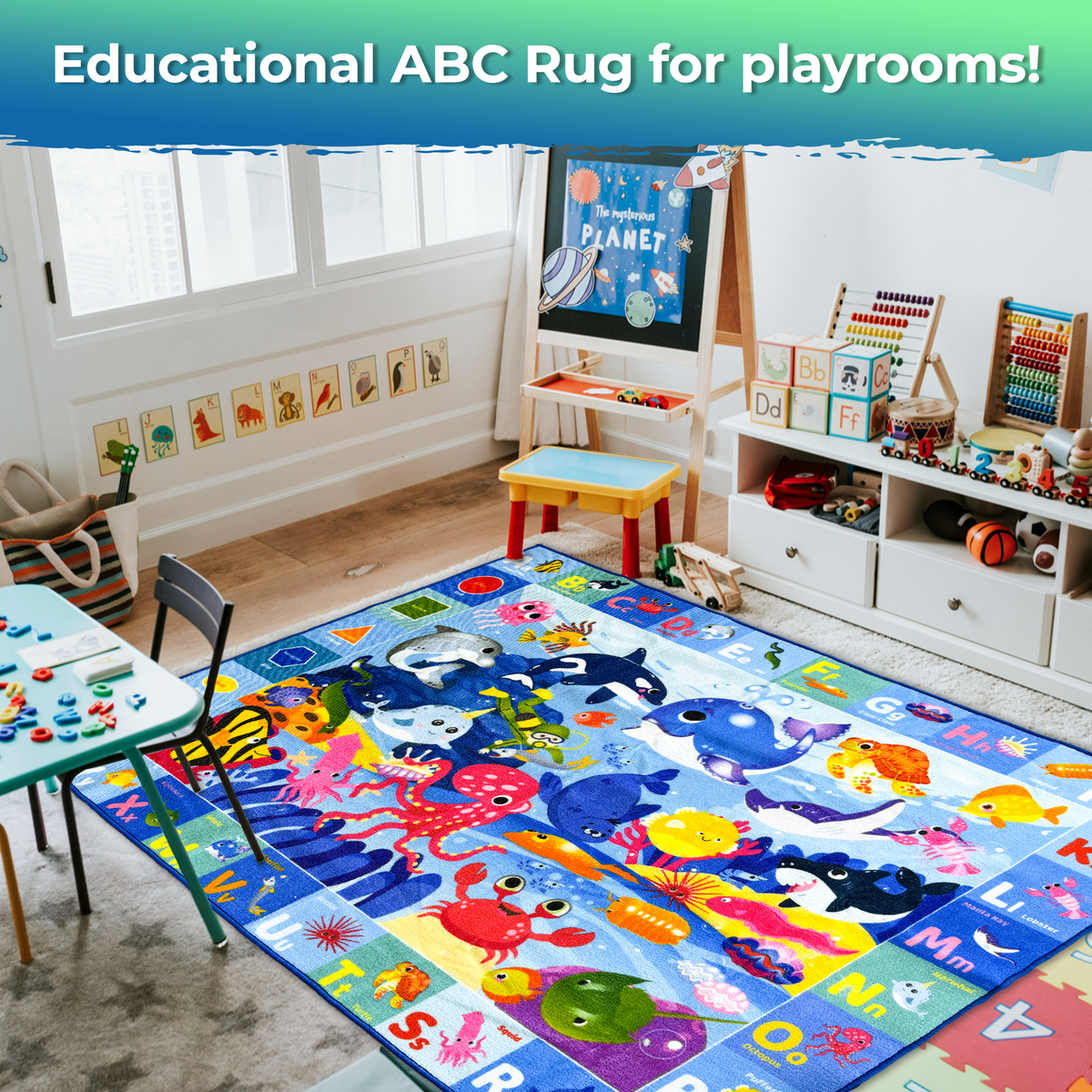 Small Classroom Ocean Rug for Kids - 59x39 ABC Rugs for Playroom