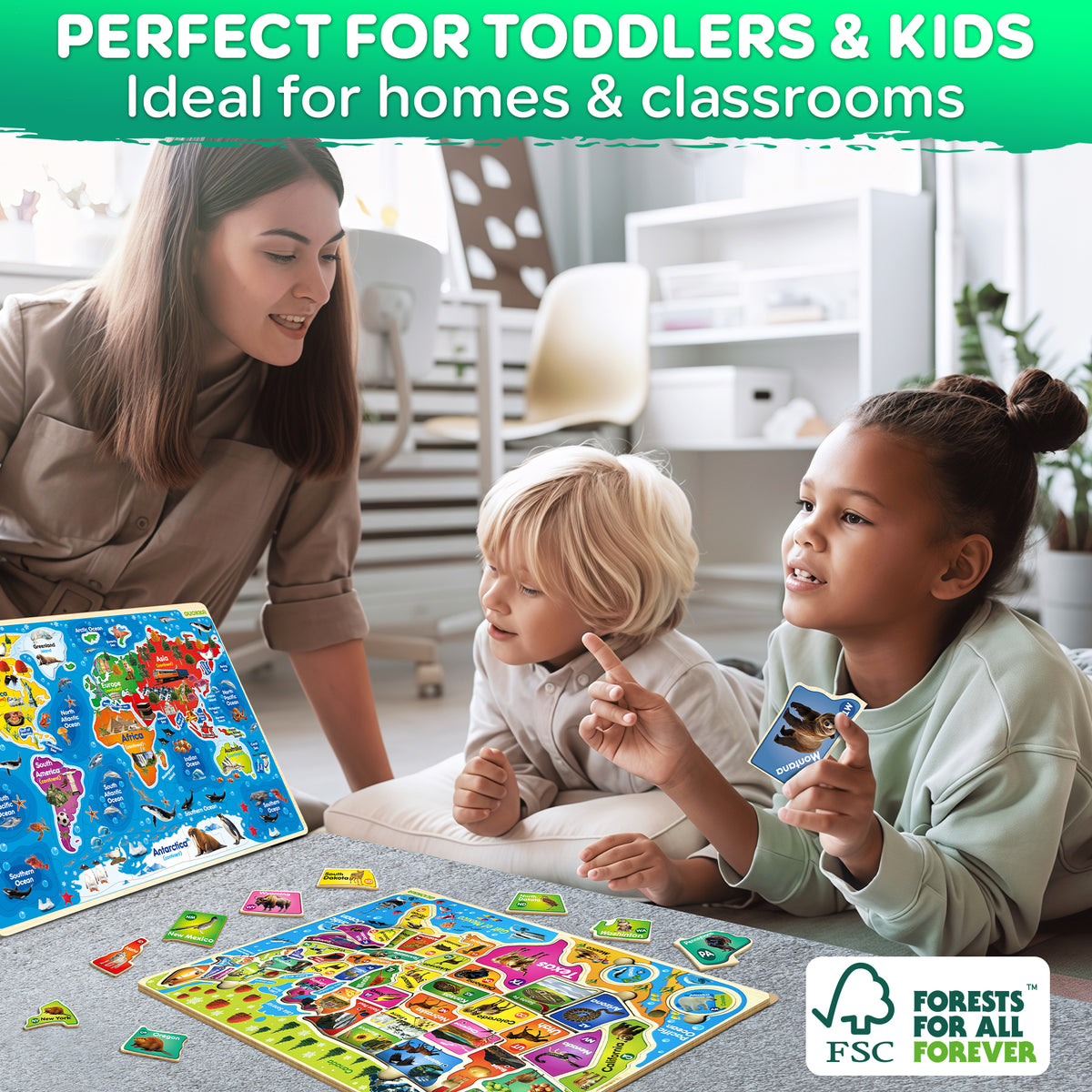 Wooden Puzzles for Kids - Realistic USA and World Map