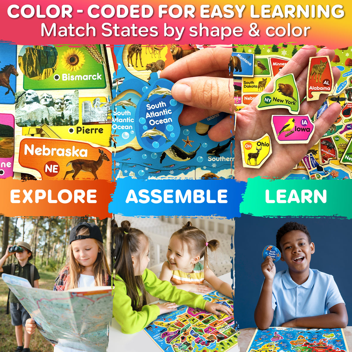 Wooden Puzzles for Kids - Realistic USA Map