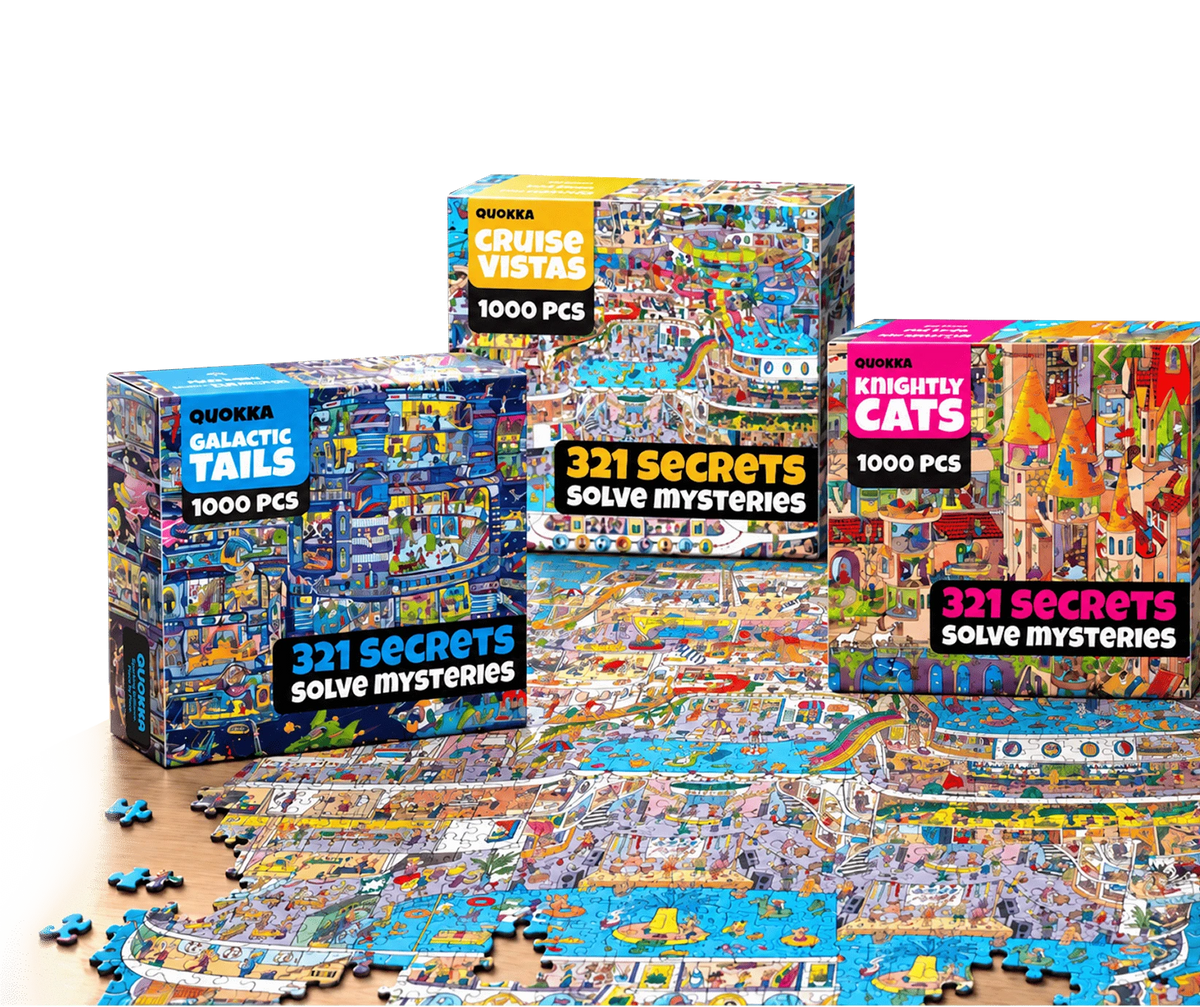 Stack of Quokka puzzle boxes displayed on an assembled puzzle