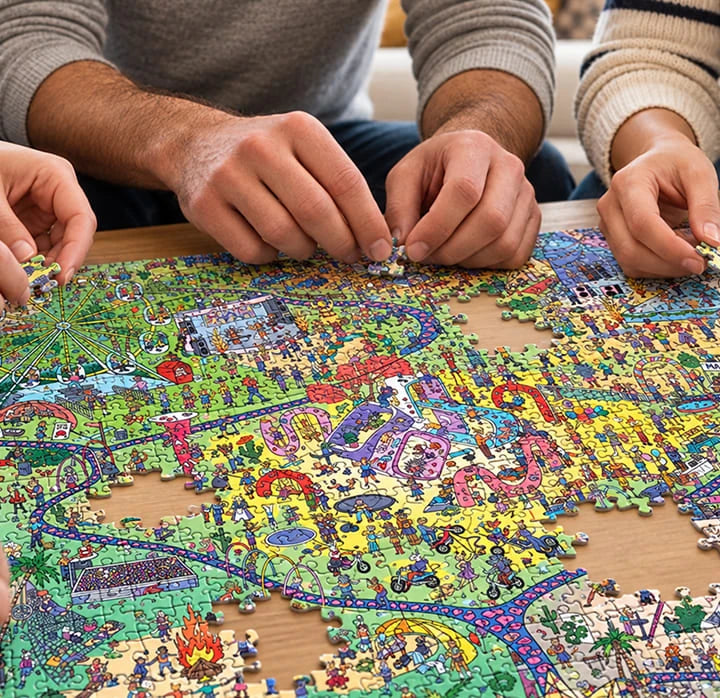 Two people assembling a Quokka jigsaw puzzle together